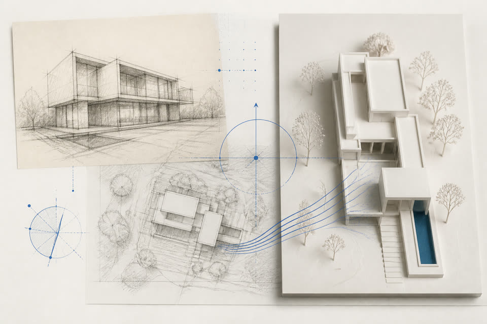 Architectural sketch, site plan, and controlled massing model