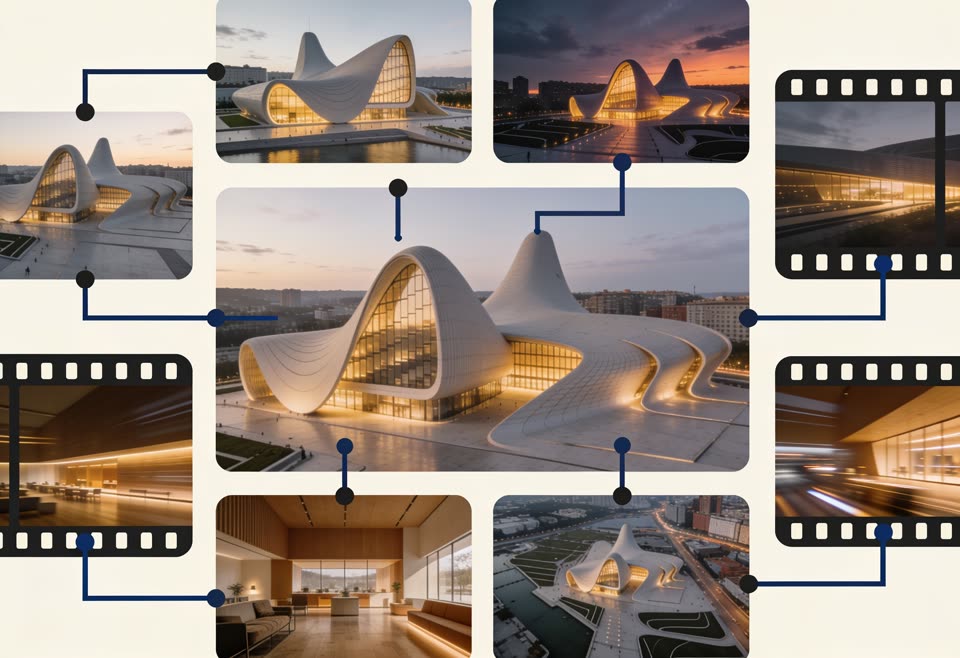 One architectural project expanded into day, night, interior, aerial, and cinematic outputs